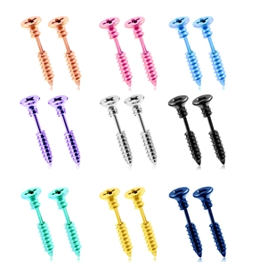 Detailed grid view of screw-shaped stud earrings in nine assorted metallic colors