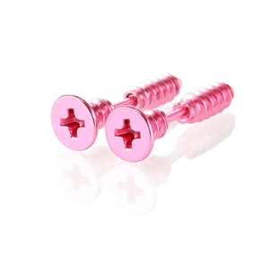 Macro view of pink screw stud earrings with cross-head and metallic finish details