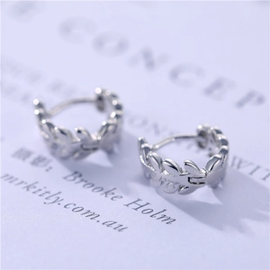 Elegant silver laurel leaf wreath hoop earrings for women with polished metallic finish