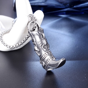 Vintage stainless steel skull boot pendant necklace for men with silver finish and metal chain