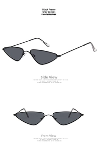 Front and side view of vintage small frame cat eye sunglasses with dark grey lenses