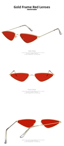 Detailed views of cat eye sunglasses with gold metal frame and red triangle lenses