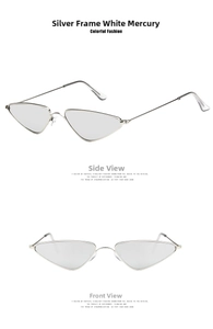 Detail view of silver metal cat-eye sunglasses with mirrored silver lenses in two angles