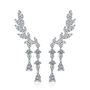 Elegant silver wing tassel earrings for women with marquise zircon stones and drops