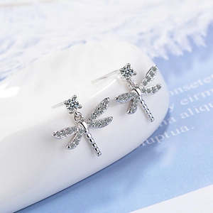 Elegant dragonfly stud earrings in silver-plated finish with micro-pave zirconia stones