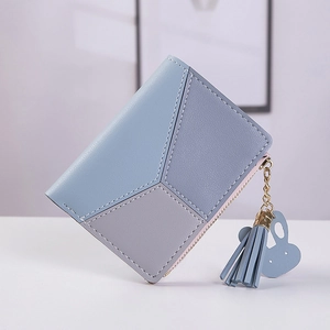 Short tri-color PU leather women wallet with zipper, tassel and rabbit metal charm