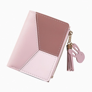 Short patchwork zip wallet for women featuring pastel pink tones and a rabbit ear tassel