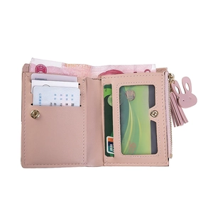 Pink PU leather wallet interior showing card slots, photo window and tassel charm