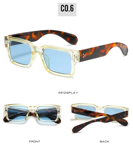 Vues multiples de lunettes de soleil carrées avec monture jaune et verres bleus