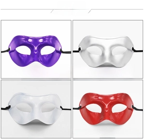 Men's half-face party masks in purple, silver, white, and red with elastic straps