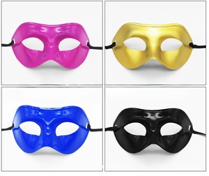 Men's half-face masquerade masks in gold, blue, rose red, and black with ribbon ties