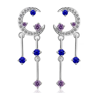 Sparkling Zirconia Moon Tassel Drop Earrings For Women Fashion Copper Silver Plated Asymmetric Moon Dangle Earrings Jewelry