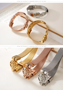 Detailed view of Tree of Life mesh bracelets in gold, silver, and rose gold finishes
