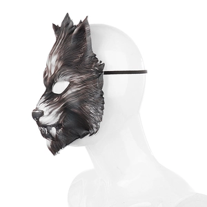 Detailed side view of wolf animal mask with realistic brown fur texture and teeth