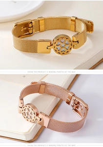 Detail of gold and rose gold mesh strap bracelets with shell inlay heart charm