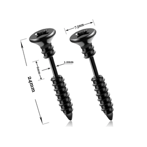 Matte black stainless steel screw stud earrings with hip hop cross head design and size specs