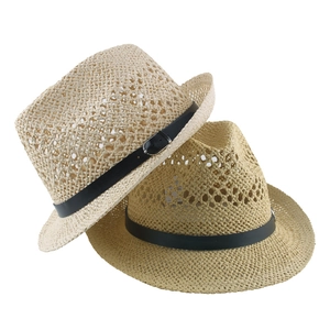 Chapeaux fedora en paille de papier tissée beige et marron avec boucle noire élégante