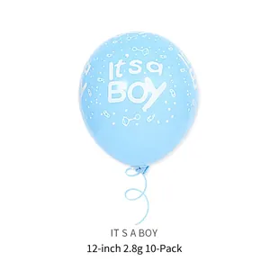 Detail of 12-inch light blue It's a Boy latex balloons for gender reveal party decor