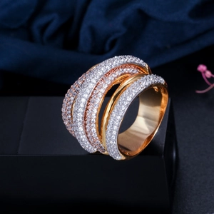 Close-up of luxury wide band ring with five rows of sparkling AAA cubic zirconia