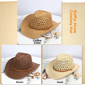 Close-up of hollow raffia cowboy hats in coffee, brown, and khaki with decorative ropes