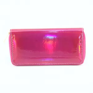 Holographic laser PU long wallet for women with golden zipper and rainbow metallic finish