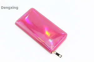 Detailed view of long pink laser PU wallet featuring iridescent finish and gold zipper