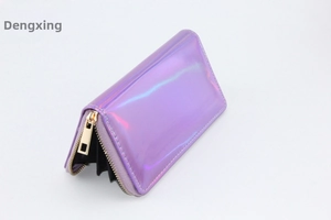 Detail of laser iridescent PU long wallet showing golden zipper and accordion card slots
