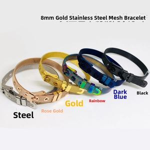 Detail showing 8mm stainless steel mesh bracelets in six metallic colors and buckle