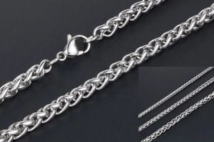 Detailed macro view of silver wheat chain with lobster clasp and thickness comparison
