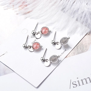 Pair of minimalist round natural strawberry quartz stud earrings in red and grey