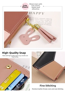 Detail of color-block PU leather wallet featuring metal snap button and card slots