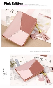 Detailed view of pink color-block wallet with cute rabbit pendant and fringe tassel