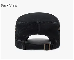Detail of washed cotton cadet hat showing adjustable metal buckle and back view angle