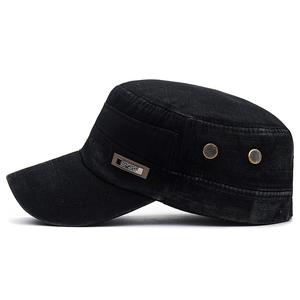 Men's washed cotton flat top military cap in black with metal sport tag and air holes