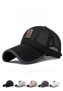 Detail of breathable mesh baseball cap with leather patch and five available color options
