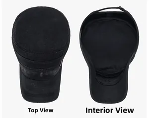 Detailed top and interior view of a washed cotton black cadet cap with sweatband detail