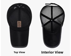 Detail view of black mesh baseball cap showing the breathable top and inner structure