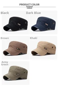 Detailed display of vintage cotton flat caps in five colors with metal eyelets and sport labels