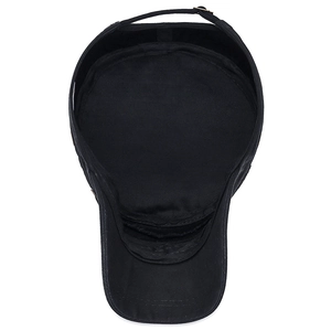 Black cotton cadet cap with adjustable metal buckle and breathable interior lining