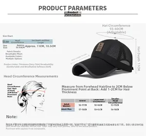 Size chart for adjustable breathable mesh baseball cap with 10.5cm long sunshade brim