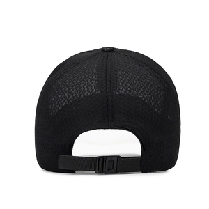 Rear view of a black mesh baseball cap with adjustable buckle for outdoor breathability