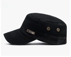 Close-up of washed black cotton flat top military cap with side metal air vents