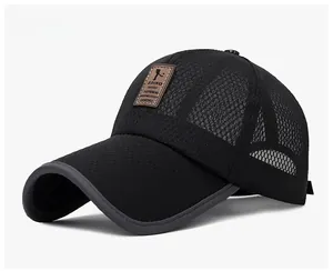 Detailed view of the breathable mesh fabric and leather patch on this summer baseball cap