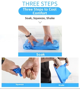 Three simple steps to activate the cooling effect: soak, wring, and shake the blue towel