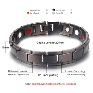 Men's black copper alloy health bracelet showing negative ion and magnet inserts