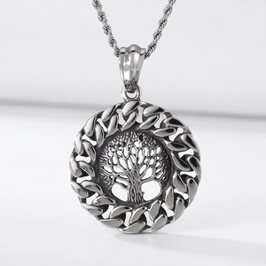 Pendentif Rond Arbre De Vie Vintage Acier Inoxydable Évidé Bijoux Punk Gothique Accessoire Pour Homme Femme Cadeau