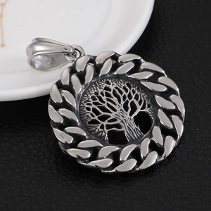 Pendentif Arbre de Vie en acier poli avec bordure en maillons de chaîne rétro