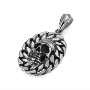 Silver skull pendant in punk style made of stainless steel with woven chain border