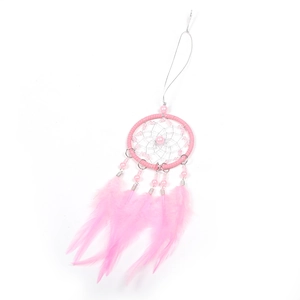 Pink feather dreamcatcher with silver weaving and beads for wall or car decor
