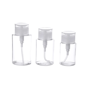 Three clear plastic pump bottles for toner and makeup remover in varied sizes